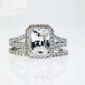 14k White Gold Emerald Cut Engagement Ring 2pc set